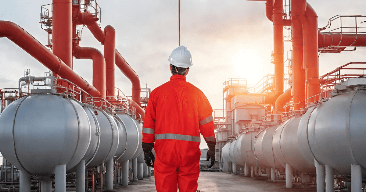 Ondernemer kijkt trots naar zijn industriële bedrijf