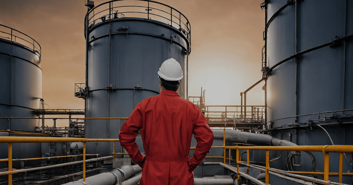 Ondernemer kijkt trots naar zijn industriële bedrijf, terwijl de zon opkomt.